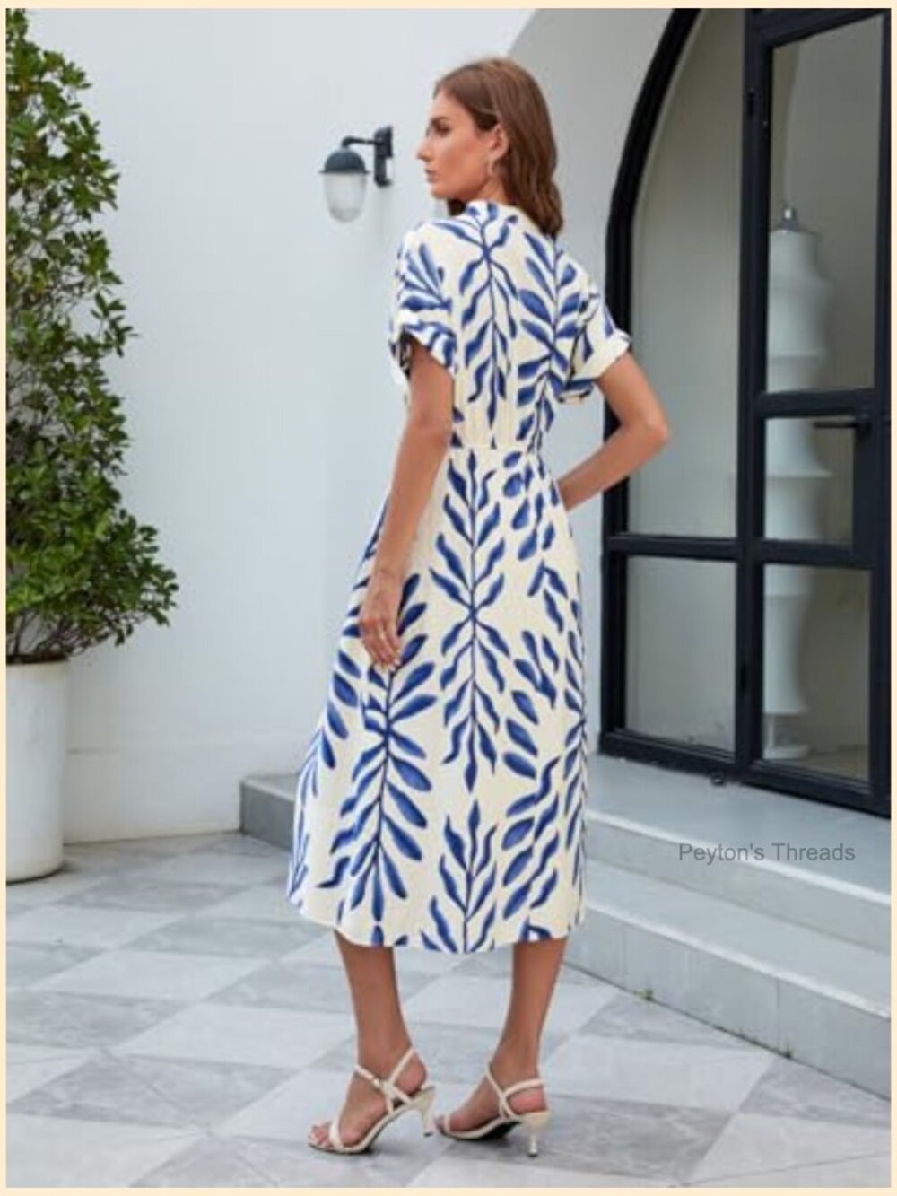 Women's V-Neck Short Sleeve Maxi Dress Flowy Hem Leaf Print - Picture 3 of 6